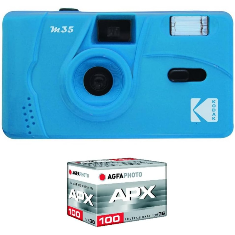 Kodak pack m35 argentique + pellicule 100 asa - appareil photo kodak rechargeable 35mm cerulean bleu, objectif grand angle fixe,