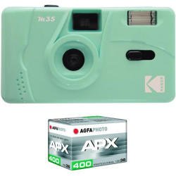 Kodak pack m35 argentique + pellicule 100 asa - appareil photo kodak rechargeable 35mm mint vert, objectif grand angle fixe, vis