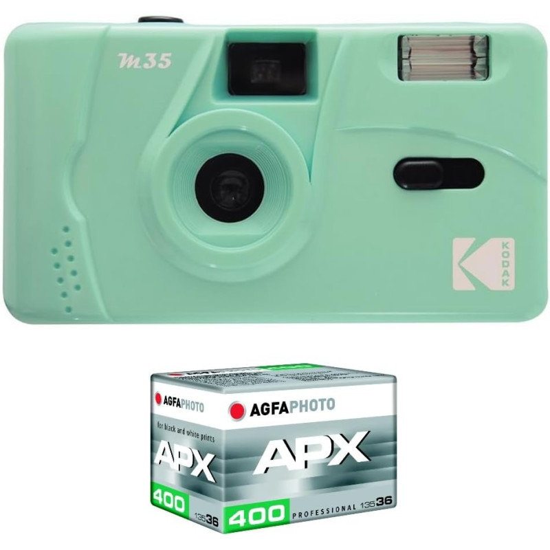Kodak pack m35 argentique + pellicule 100 asa - appareil photo kodak rechargeable 35mm mint vert, objectif grand angle fixe, vis