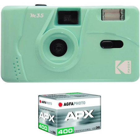Kodak pack m35 argentique + pellicule 100 asa - appareil photo kodak rechargeable 35mm mint vert, objectif grand angle fixe, vis