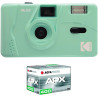 Kodak pack m35 argentique + pellicule 100 asa - appareil photo kodak rechargeable 35mm mint vert, objectif grand angle fixe, vis