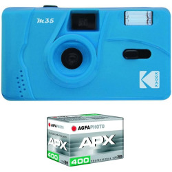 Kodak pack m35 argentique + pellicule 100 asa - appareil photo kodak rechargeable 35mm cerulean bleu, objectif grand angle fixe,