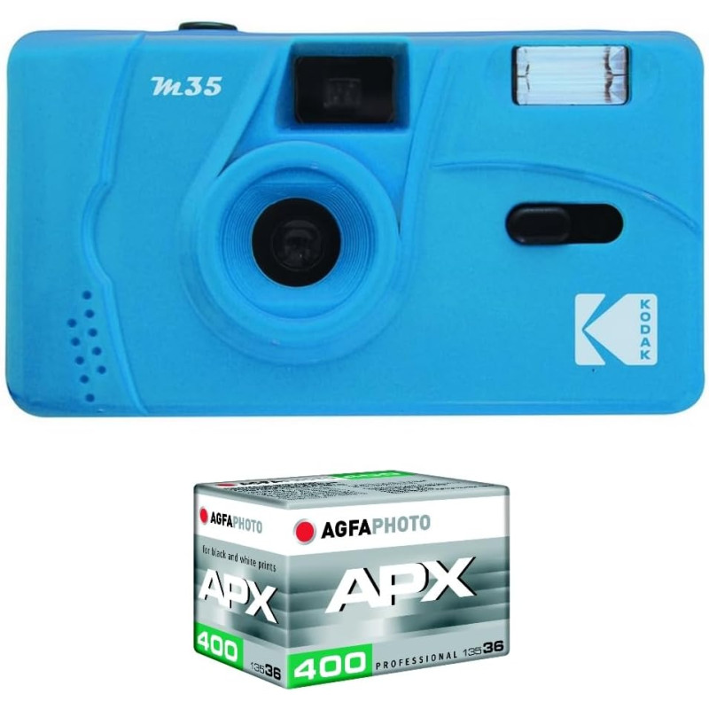 Kodak pack m35 argentique + pellicule 100 asa - appareil photo kodak rechargeable 35mm cerulean bleu, objectif grand angle fixe,