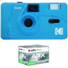 Kodak pack m35 argentique + pellicule 100 asa - appareil photo kodak rechargeable 35mm cerulean bleu, objectif grand angle fixe,