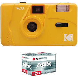 KODAK Pack M35 Argentique + Pellicule 100 ASA - Appareil Photo Kodak Rechargeable 35mm Jaune, Objectif Grand Angle Fixe, Viseur 