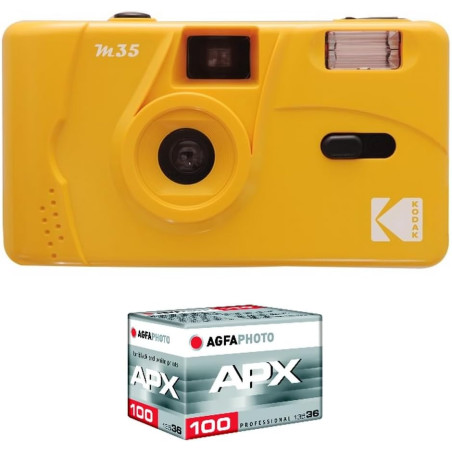 KODAK Pack M35 Argentique + Pellicule 100 ASA - Appareil Photo Kodak Rechargeable 35mm Jaune, Objectif Grand Angle Fixe, Viseur 