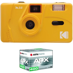 Kodak pack m35 argentique + pellicule 100 asa - appareil photo kodak rechargeable 35mm jaune, objectif grand angle fixe, viseur 