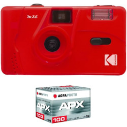 KODAK Pack M35 Argentique + Pellicule 100 ASA - Appareil Photo Kodak Rechargeable 35mm Scarlet, Objectif Grand Angle Fixe, Viseu