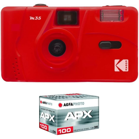 KODAK Pack M35 Argentique + Pellicule 100 ASA - Appareil Photo Kodak Rechargeable 35mm Scarlet, Objectif Grand Angle Fixe, Viseu