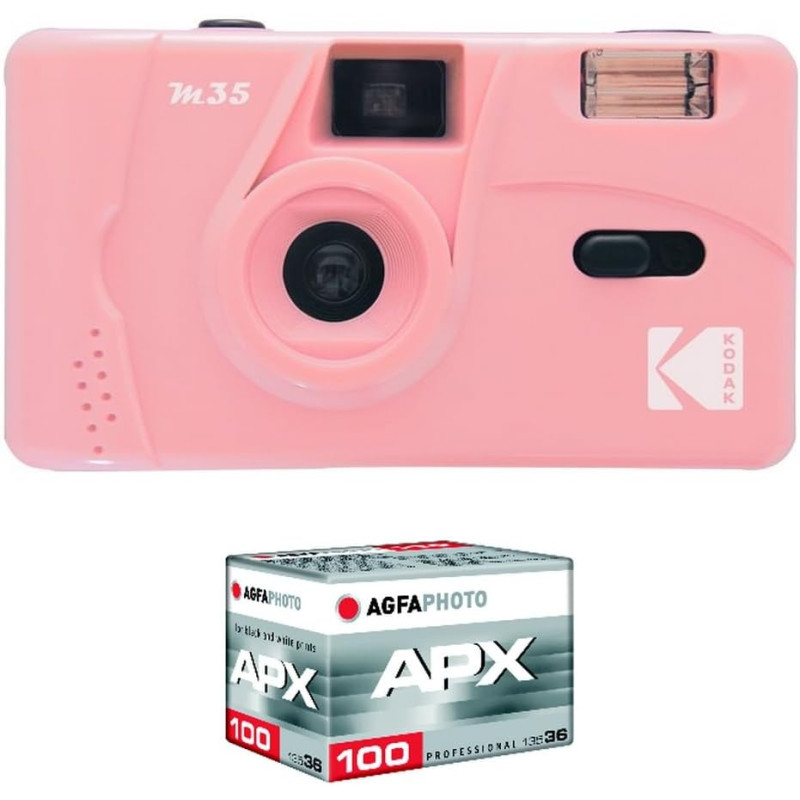 Kodak pack m35 argentique + pellicule 100 asa - appareil photo kodak rechargeable 35mm candy rose, objectif grand angle fixe, vi