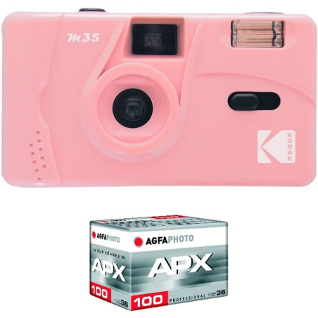 Kodak pack m35 argentique + pellicule 100 asa - appareil photo kodak rechargeable 35mm candy rose, objectif grand angle fixe, vi
