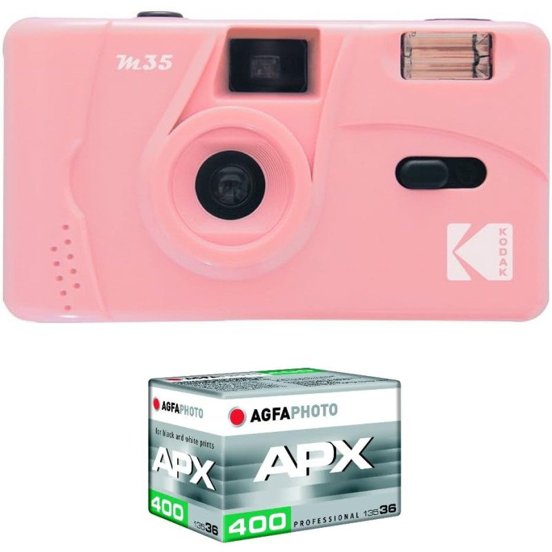 Kodak pack m35 argentique + pellicule 100 asa - appareil photo kodak rechargeable 35mm candy rose, objectif grand angle fixe, vi