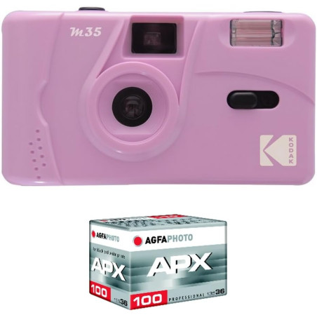 Kodak pack m35 argentique + pellicule 100 asa - appareil photo kodak rechargeable 35mm violet, objectif grand angle fixe, viseur