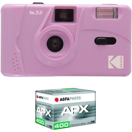 Kodak pack m35 argentique + pellicule 100 asa - appareil photo kodak rechargeable 35mm violet, objectif grand angle fixe, viseur