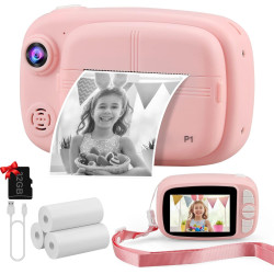 Appareil Photo Instantané Enfant, 3,5" Appareil Photo Enfants Cadeaux pour 3 à 14 Ans, Papier d'impression sans Encre et 32GB Ca
