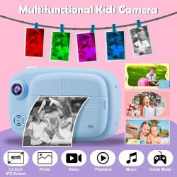 Appareil Photo Instantané Enfant, 3,5" Appareil Photo Enfants Cadeaux pour 3 à 14 Ans, Papier d'impression sans Encre et 32GB Ca