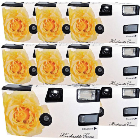 Lot de 8 appareils photo jetables 1A PHOTO PORST Edition rose de mariage jaune avec flash, piles et film (lot de 8, 27 prises ch