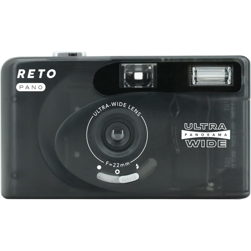 RETO PANO Caméra film 35 mm, objectif 22 mm, panorama, commutation facile, mode cinématographique, cache-objectif, flash intégré