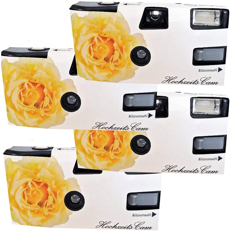 PHOTO PORST Lot de 4 appareils photo jetables 1A Édition rose de mariage jaune avec flash, piles et film (lot de 4, 27 prises ch