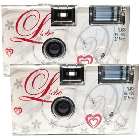 PHOTO PORST Lot de 2 appareils photo jetables 1 A Édition amour et cœurs avec flash, piles et film (lot de 2, 27 prises chacune)