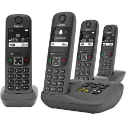 Gigaset A695A Quattro, téléphone DECT, 4 combinés, répondeur, Gris | Sans fil, écran à haut contraste, mains libres, protection 