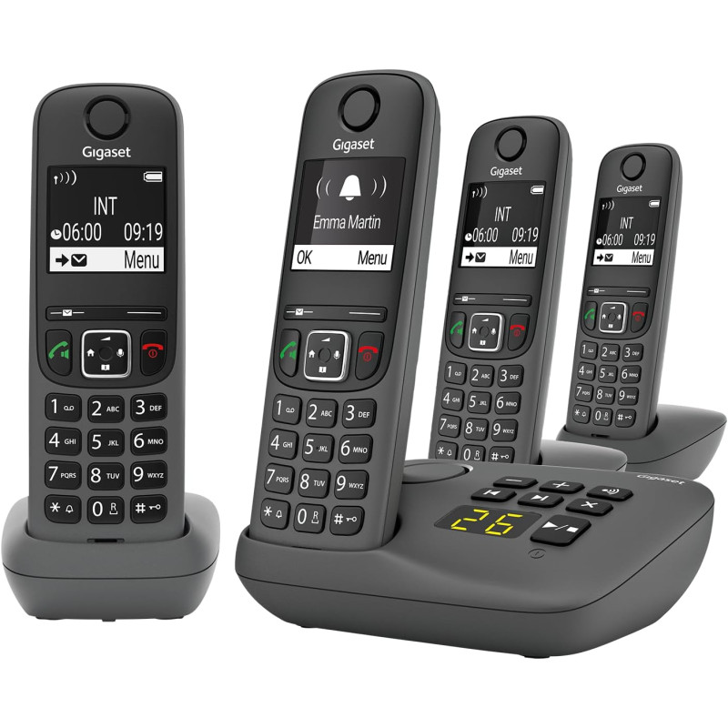 Gigaset A695A Quattro, téléphone DECT, 4 combinés, répondeur, Gris | Sans fil, écran à haut contraste, mains libres, protection 