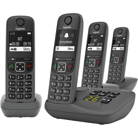 Gigaset A695A Quattro, téléphone DECT, 4 combinés, répondeur, Gris | Sans fil, écran à haut contraste, mains libres, protection 