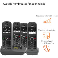 Gigaset A695A Quattro, téléphone DECT, 4 combinés, répondeur, Gris | Sans fil, écran à haut contraste, mains libres, protection 