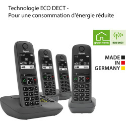 Gigaset A695A Quattro, téléphone DECT, 4 combinés, répondeur, Gris | Sans fil, écran à haut contraste, mains libres, protection 