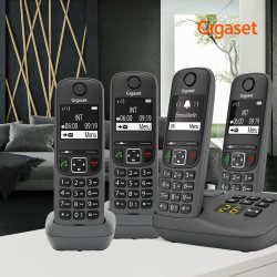 Gigaset A695A Quattro, téléphone DECT, 4 combinés, répondeur, Gris | Sans fil, écran à haut contraste, mains libres, protection 