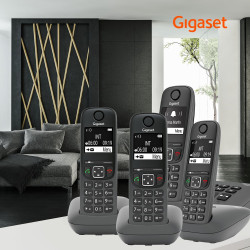 Gigaset A695A Quattro, téléphone DECT, 4 combinés, répondeur, Gris | Sans fil, écran à haut contraste, mains libres, protection 