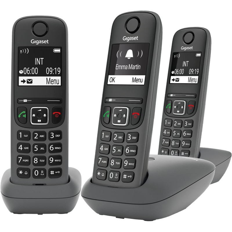 Gigaset A695 Trio, téléphone DECT, 3 combinés, Grand écran, Gris | Sans fil, haut contraste, mains libres, protection d’appels, 