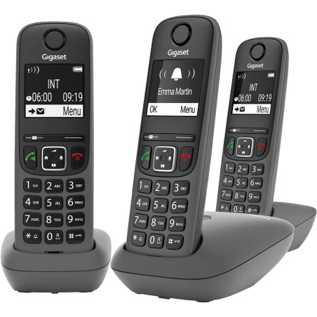 Gigaset A695 Trio, téléphone DECT, 3 combinés, Grand écran, Gris | Sans fil, haut contraste, mains libres, protection d’appels, 