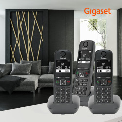 Gigaset A695 Trio, téléphone DECT, 3 combinés, Grand écran, Gris | Sans fil, haut contraste, mains libres, protection d’appels, 