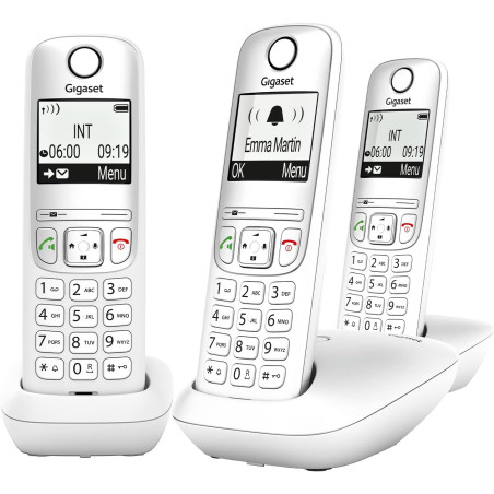 Gigaset A695 Trio, téléphone DECT, 3 combinés, Grand écran, Blanc | Sans fil, haut contraste, mains libres, protection d’appels,