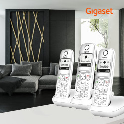 Gigaset A695 Trio, téléphone DECT, 3 combinés, Grand écran, Blanc | Sans fil, haut contraste, mains libres, protection d’appels,