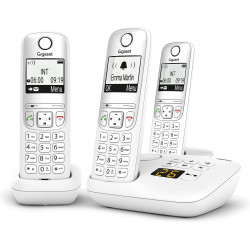 Gigaset A695A Trio, téléphone DECT, 3 combinés, répondeur, Blanc | Sans fil, écran à haut contraste, mains libres, protection d’