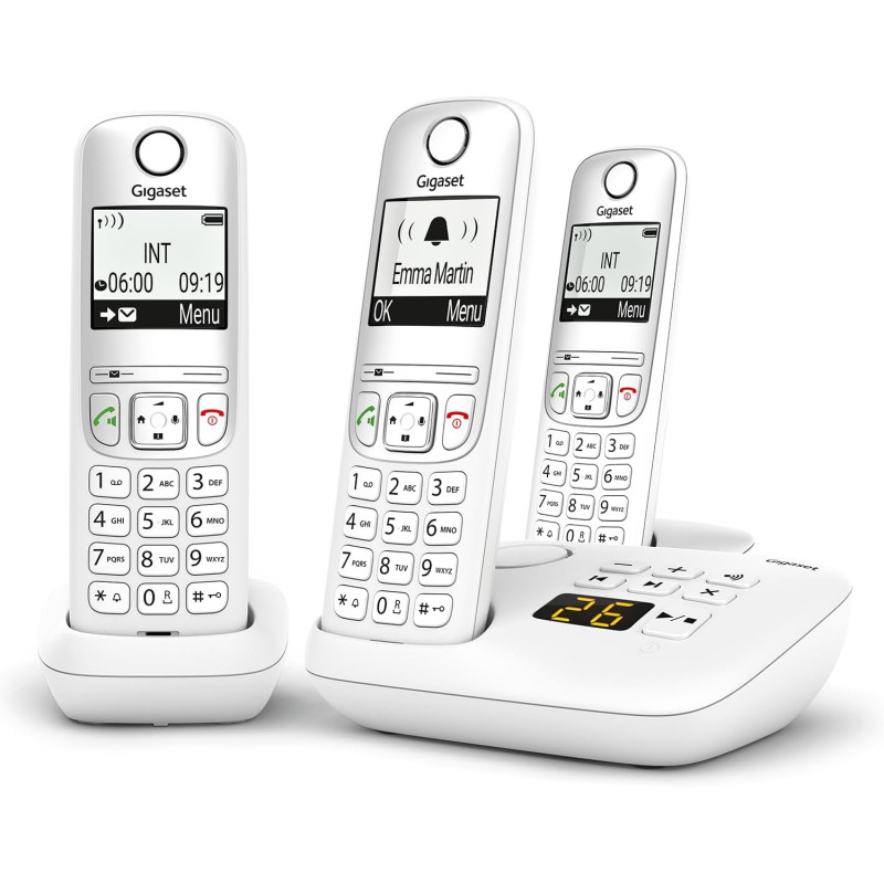 Gigaset A695A Trio, téléphone DECT, 3 combinés, répondeur, Blanc | Sans fil, écran à haut contraste, mains libres, protection d’