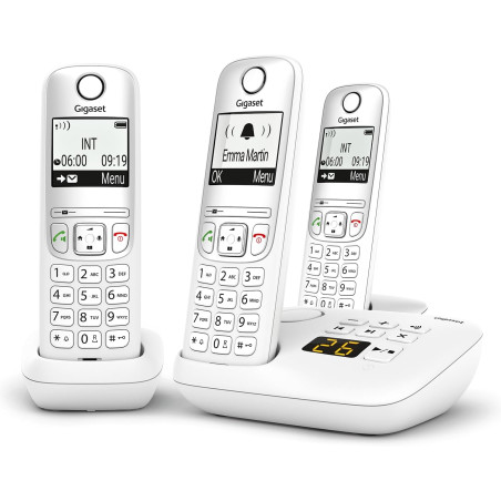 Gigaset A695A Trio, téléphone DECT, 3 combinés, répondeur, Blanc | Sans fil, écran à haut contraste, mains libres, protection d’