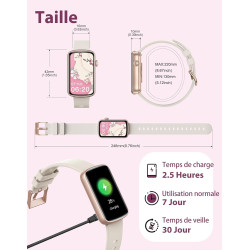 Montre connectée femme petite taille bracelet connecté femme bleutooth 5.4 amoled 1,47", 30 jours d'autonomie en veille, podomèt