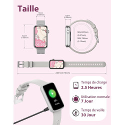 Smartwatch Femme Montre Connectée Poignets Fins, Montre Sport avec Suivi Santé 24/7, Sommeil, Calorie, Notifications Whatsapp/SM