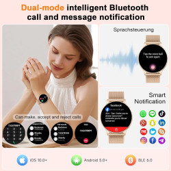 Jugeman montre connectée femme avec appel bleutooth, 1.32" smartwatch avec fréquence cardiaque/spo2/sommeil montre, 120+ mode sp