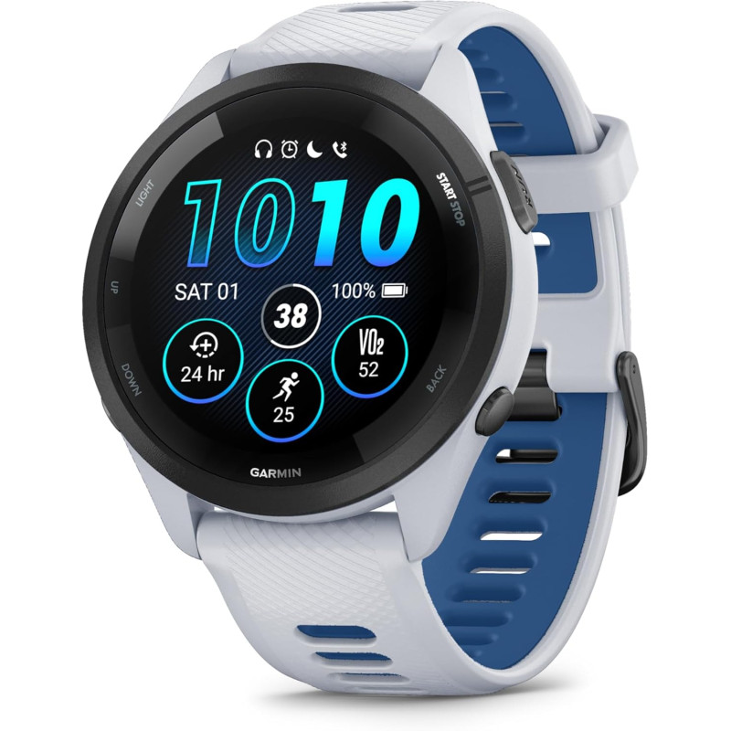 Garmin Forerunner 265 - Montre GPS de Running avec écran AMOLED - Blanche avec Bracelet en Silicone Blanc/Bleu - Boîtier 46 mm