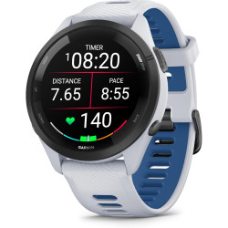 Garmin Forerunner 265 - Montre GPS de Running avec écran AMOLED - Blanche avec Bracelet en Silicone Blanc/Bleu - Boîtier 46 mm