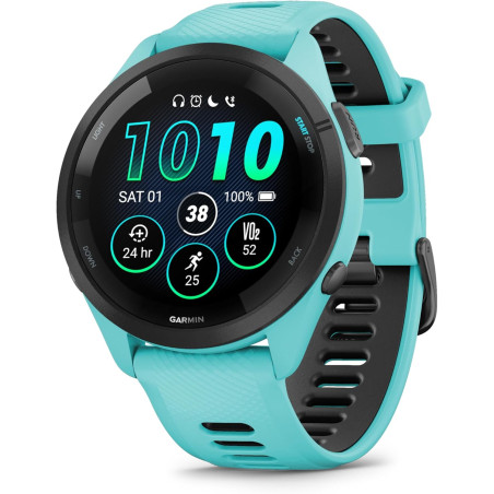 Garmin Forerunner 265 - Montre GPS de Running avec écran AMOLED - Blanche avec Bracelet en Silicone Turquoise/Noir - Boîtier 46 