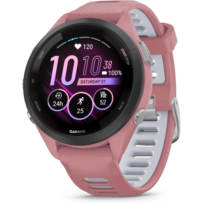 Garmin Forerunner 265S - Montre GPS de Running avec écran AMOLED - Rose avec Bracelet en Silicone Rose/Gris - Boîtier 42 mm