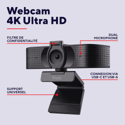 Trust Teza 4K Ultra HD Webcam 3840x2160, Autofocus, Noir | 2 Microphones Intégrés, 30 FPS, USB Plug & Play, Web Caméra pour Team