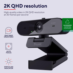 Trust Taxon Webcam 2K QHD, Autofocus, Filtre de Confidentialité, Noir | 2560x1440p, 2 Microphones, Grand Angle, 85% Plastique Re