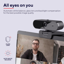 Trust Taxon Webcam 2K QHD, Autofocus, Filtre de Confidentialité, Noir | 2560x1440p, 2 Microphones, Grand Angle, 85% Plastique Re