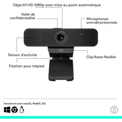 Logitech C925e, Webcam Professionnelle, vidéo HD 1080p/30 IPS, Correction lumière, autofocus, Son Clair, obturateur confidential